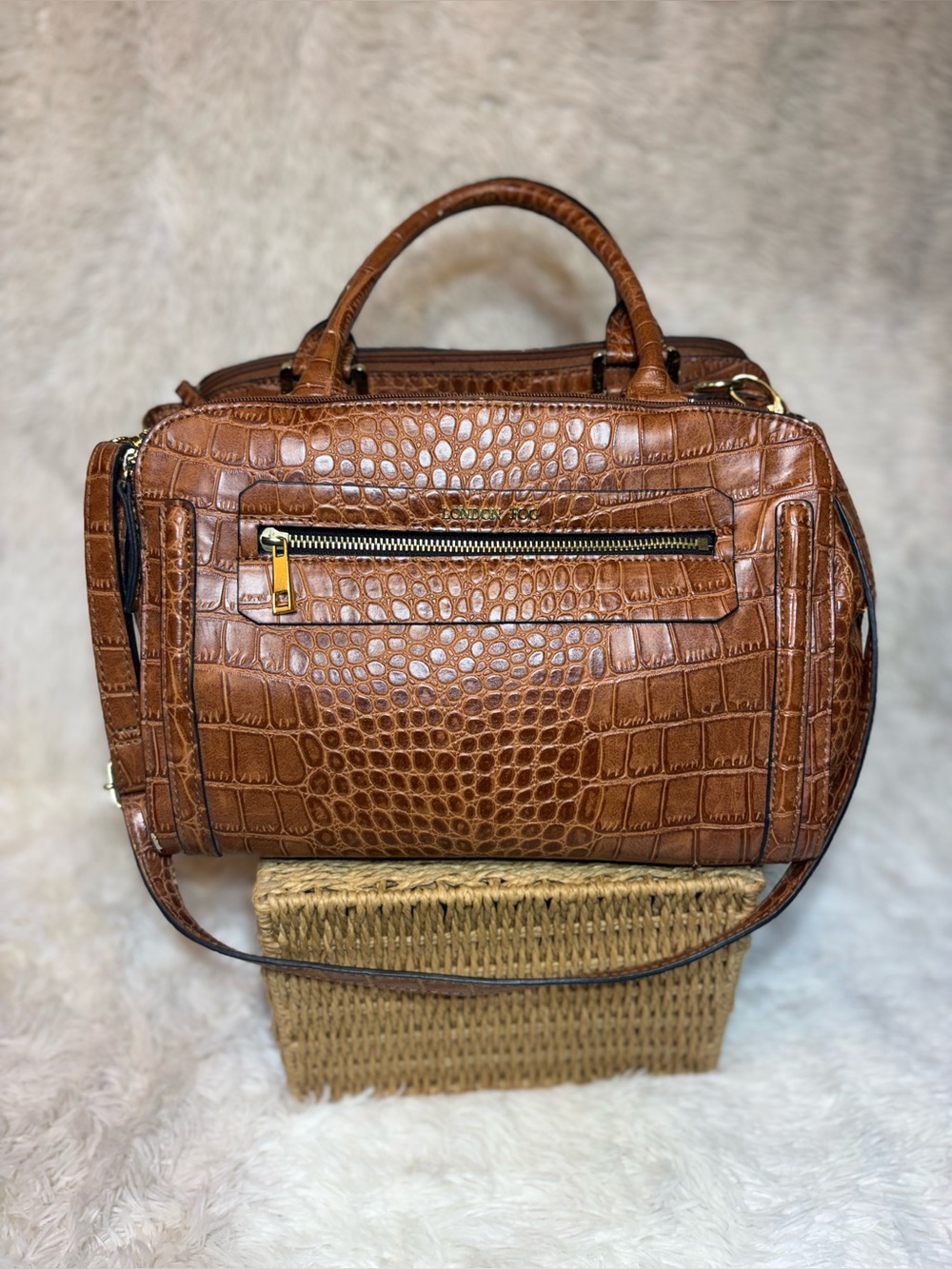 London Fog Cognac Brown Faux-Crocodile Satchel Handbag